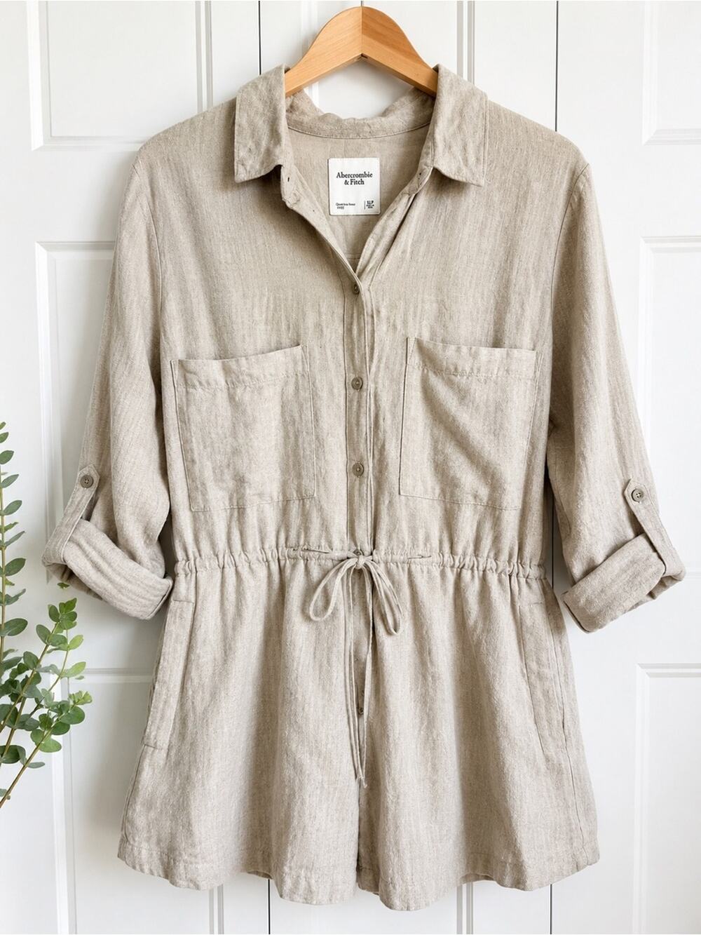 Abercrombie & Fitch Linen Blend Shirt Dress XLP Plus Beige Utility Button Front